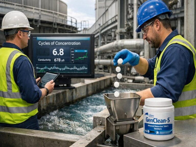 Industrial water treatment engineers optimizing cycles of concentration for cooling tower cycles using GenClean-S tablet technology, with real-time conductivity and water quality monitoring.